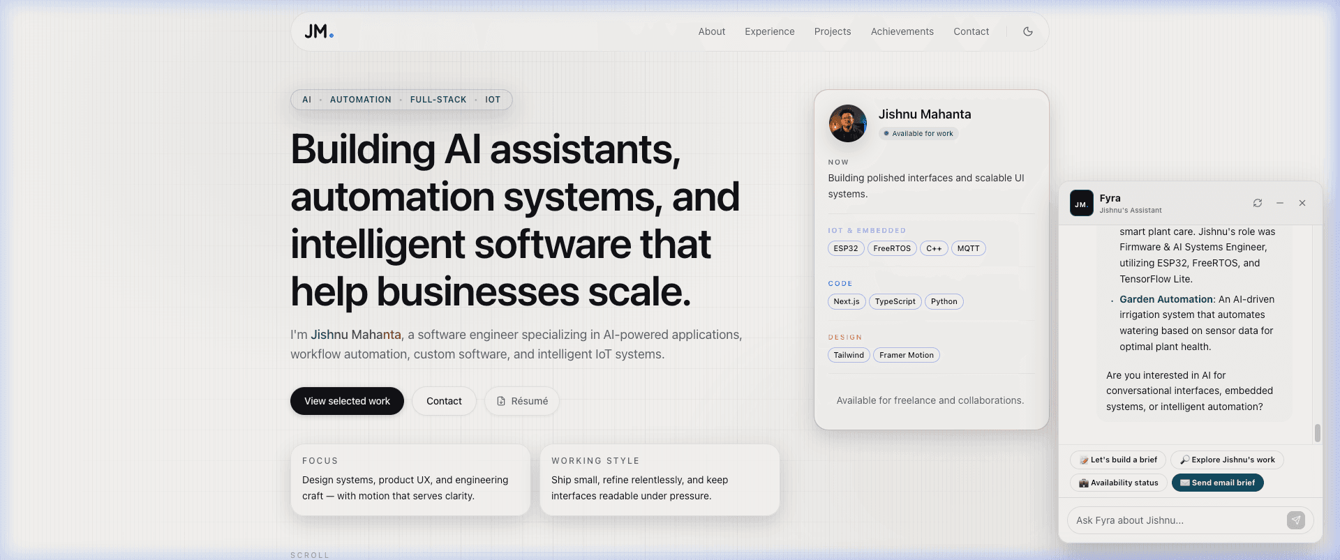 Fyra AI Portfolio Assistant Interface - Clean Full Mockup